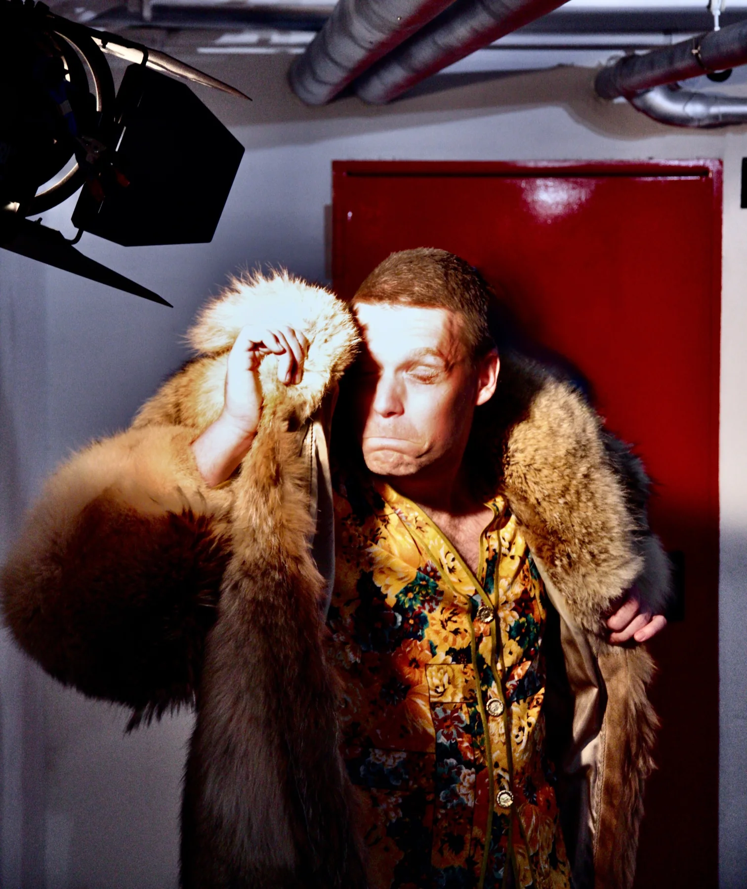 Marcus Brody in a theatrical fur coat